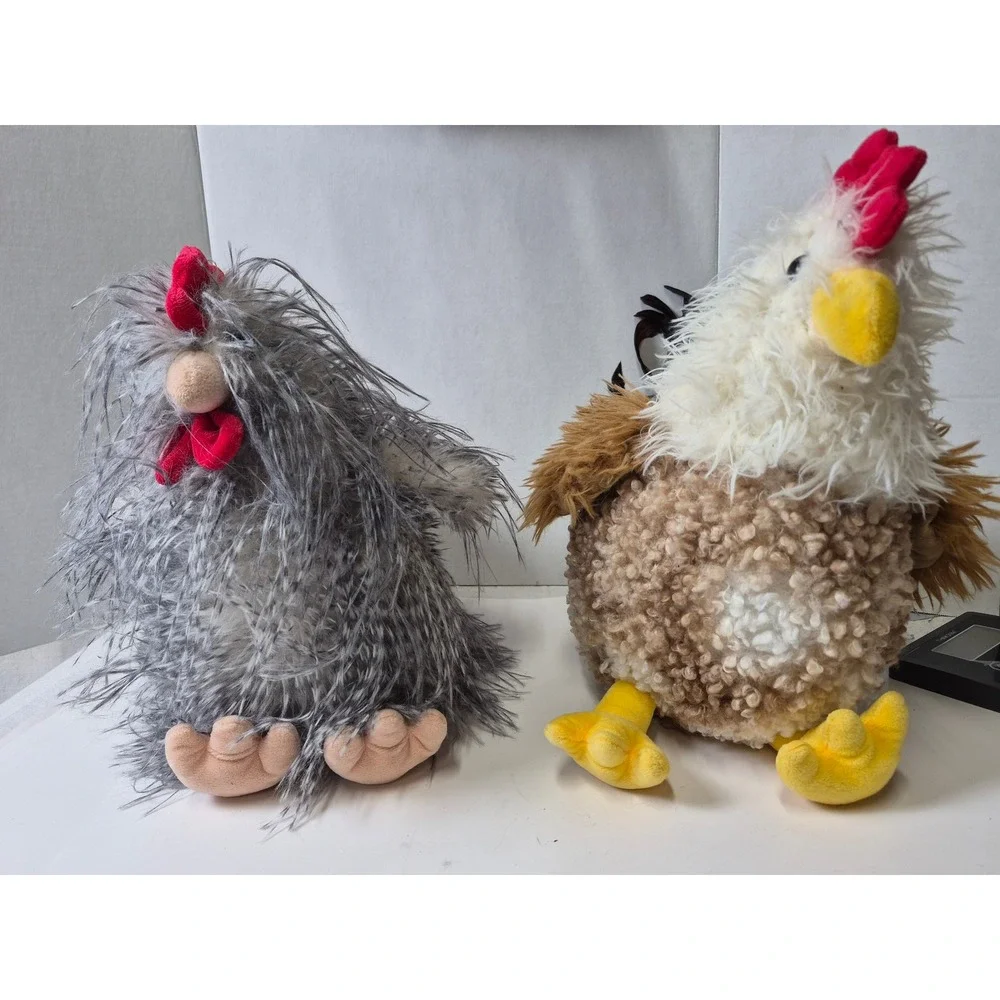 Rooster Chicken Plush Set Grey and Brown Stuffed Animal large 11in Barn Fun Fur